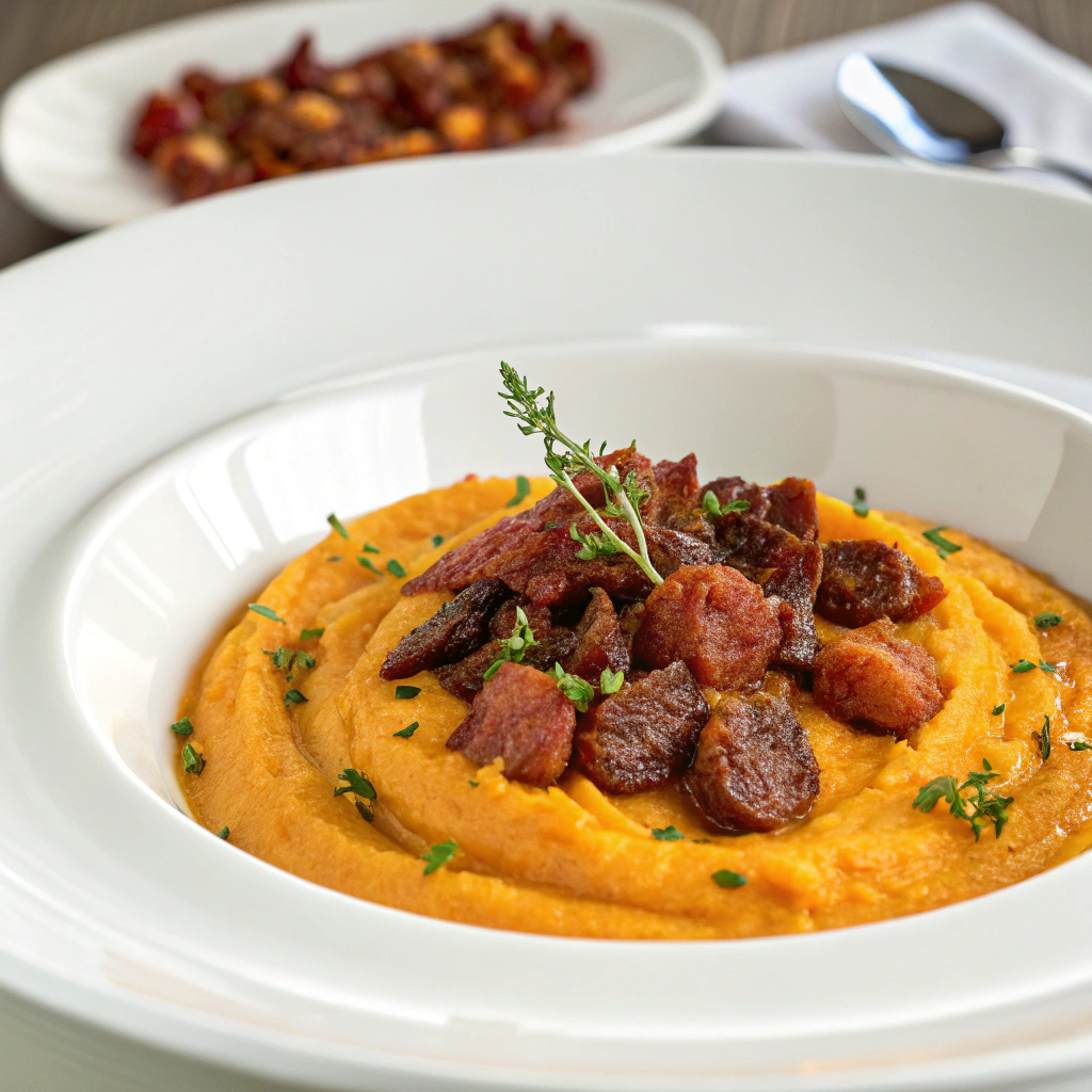 Butternut-Kürbiscreme mit Chorizo Serving