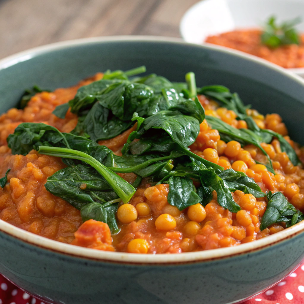 Dahl aus roten Linsen mit Spinat Serving