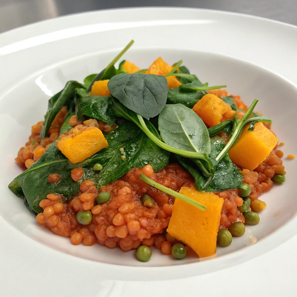 Dahl aus roten Linsen mit Spinat und Kürbis Serving