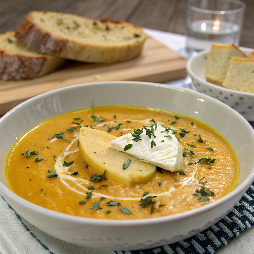 Hokkaido-Kürbissuppe mit Speck und Tête de Moine Serving