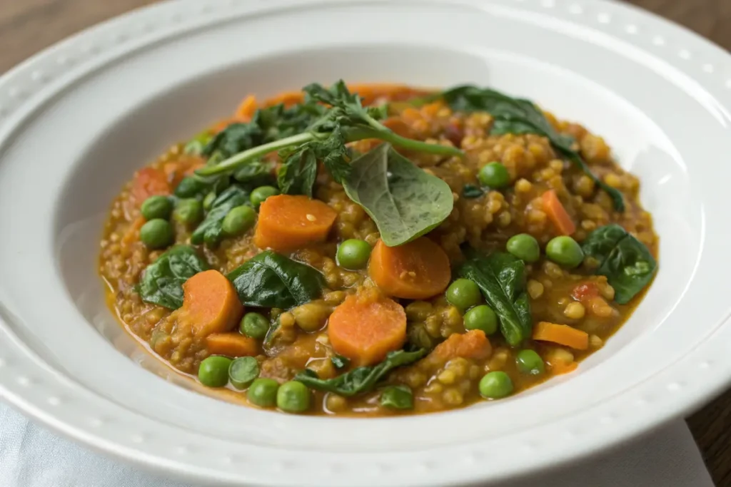 Rote-Linsen-Dal mit Karotten Kichererbsen und Spinat