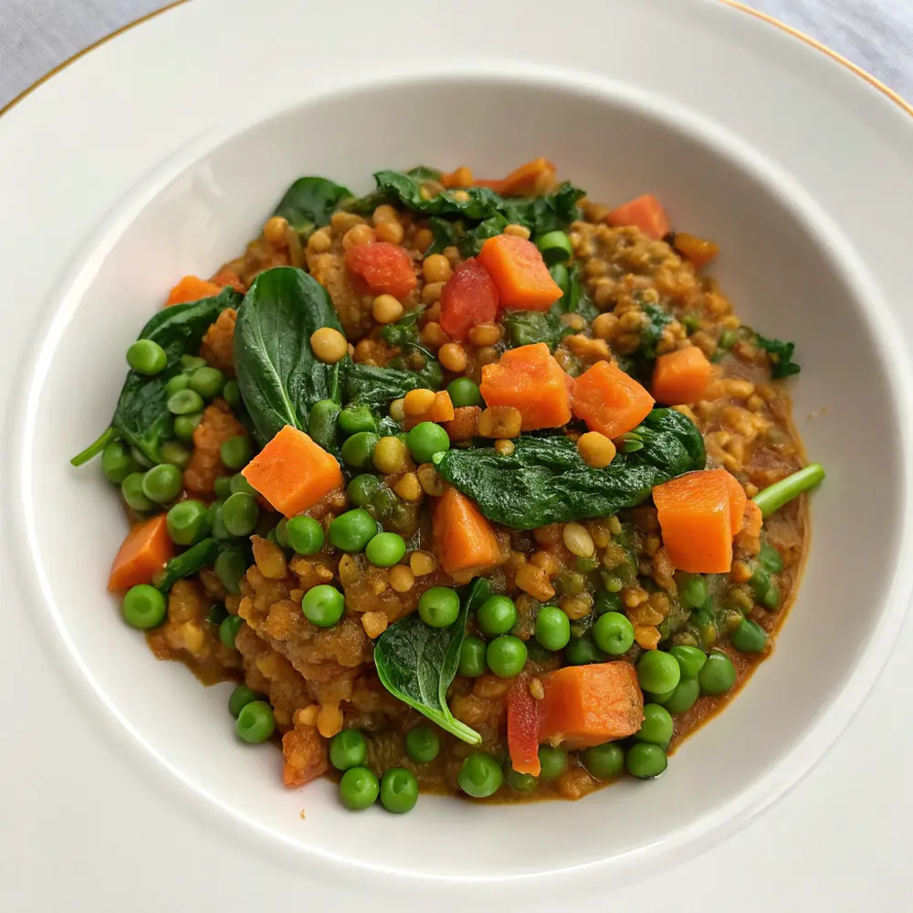 Rote-Linsen-Dal mit Karotten Kichererbsen und Spinat