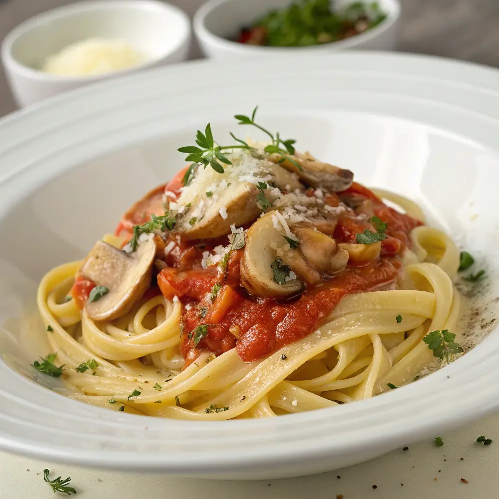 Pasta mit cremiger Pilz-Tomatensauce