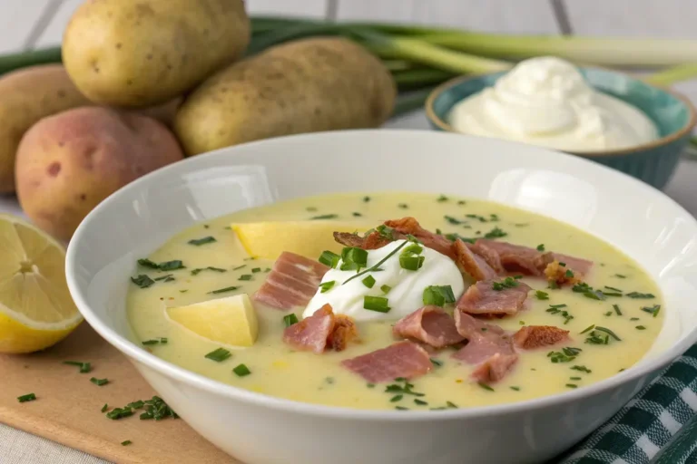 Kartoffel-Lauch-Suppe mit Rohschinken und Zitronencreme