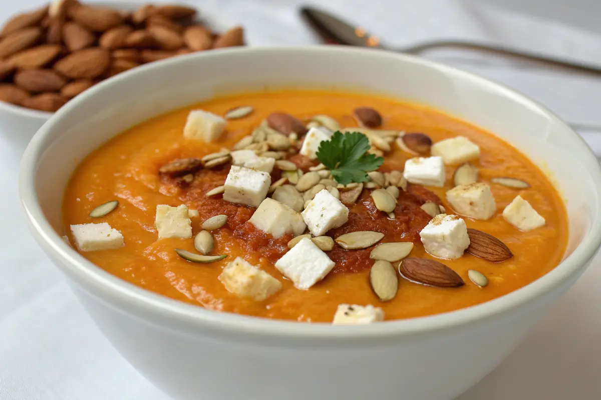 Karottencremesuppe mit Ingwer Fetawürfeln und gerösteten Mandeln