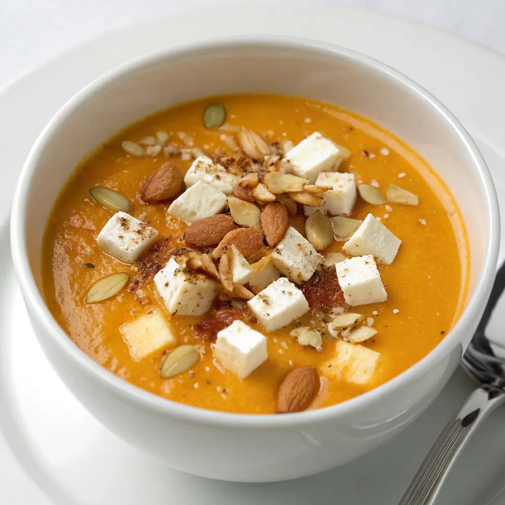 Karottencremesuppe mit Ingwer Fetawürfeln und gerösteten Mandeln