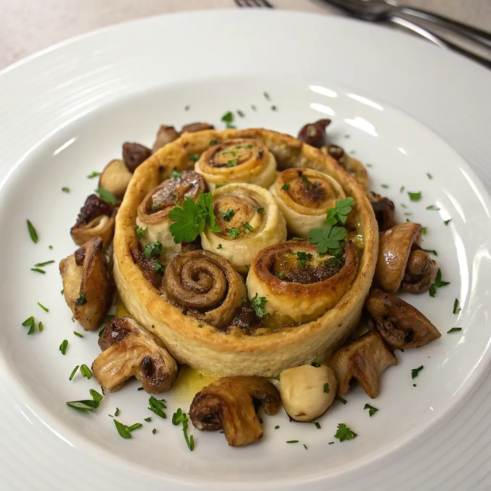 Blätterteigschnecken mit Schnecken und Austernpilzen
