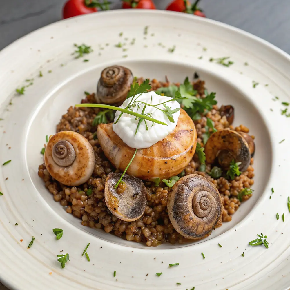 Buchweizen Crunch mit Schnecken und Knoblauchcreme