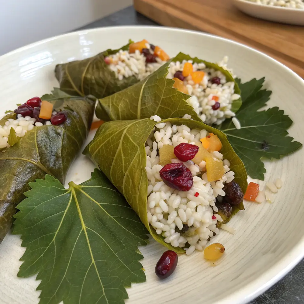 Gefüllte Weinblätter mit Reis und Trockenfrüchten
