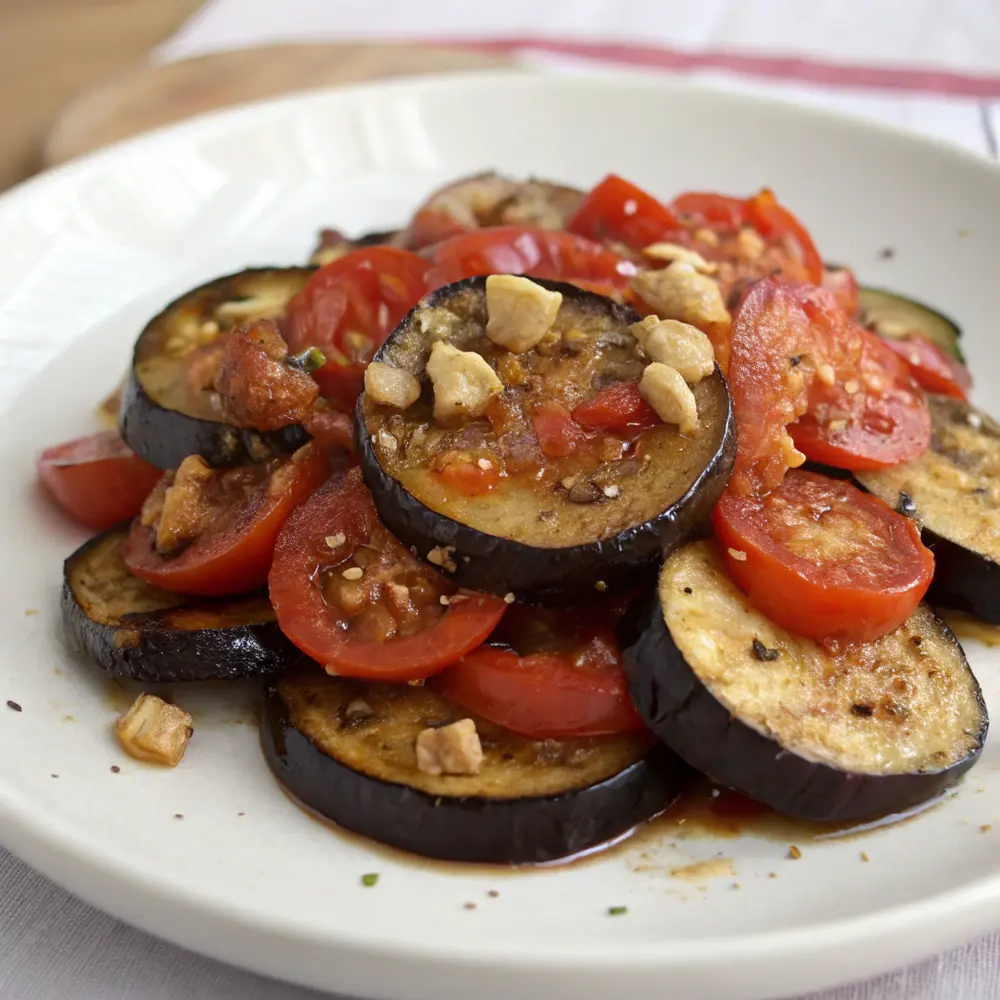 Geschmorte Auberginen mit Tomaten Gewürzen und Ingwer