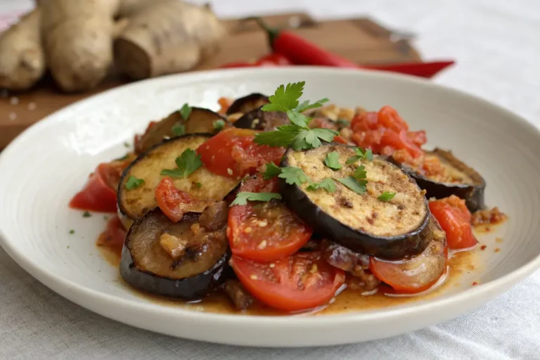 Geschmorte Auberginen mit Tomaten Gewürzen und Ingwer in 65 Minuten