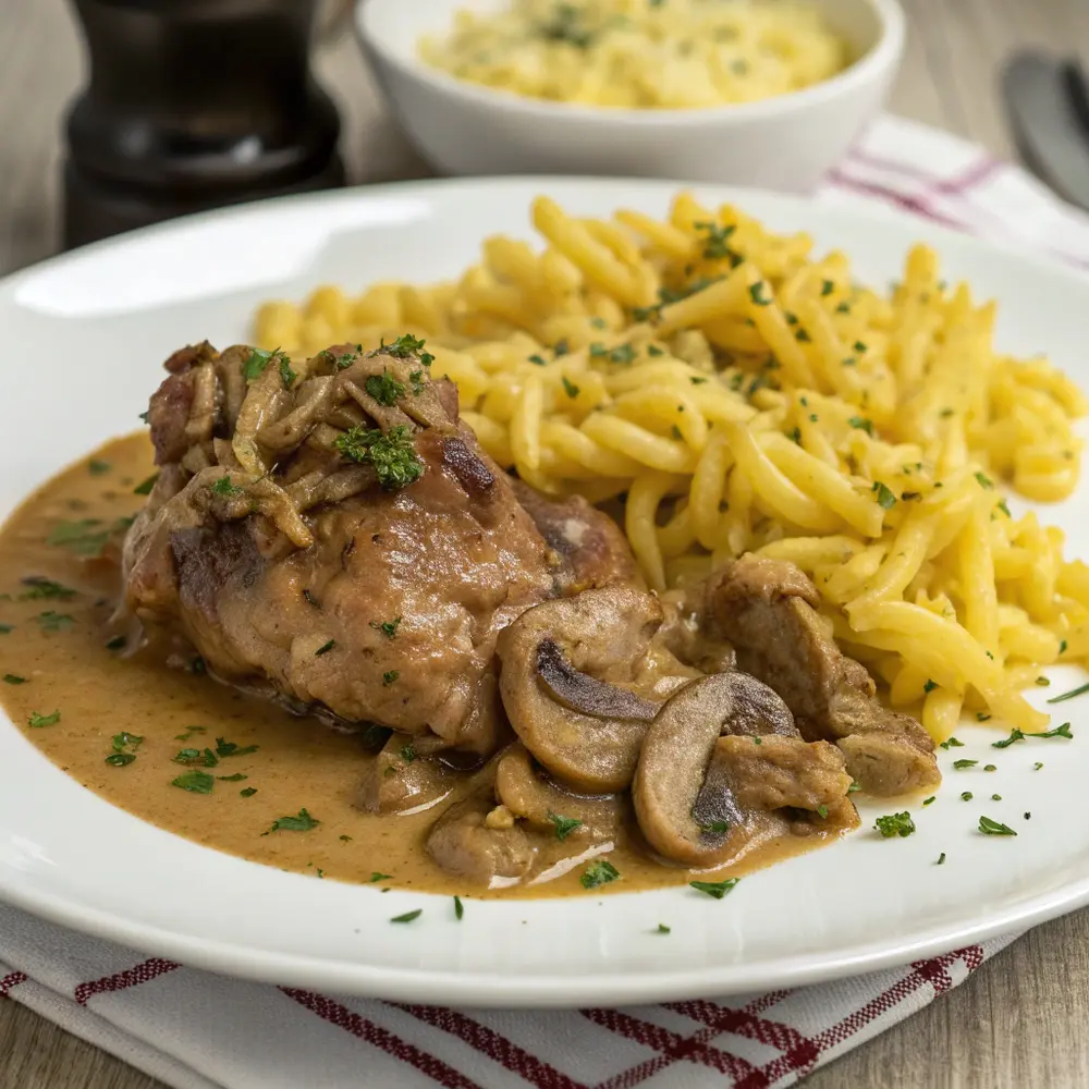 Geschmortes Kaninchen mit Senf und Pilzen dazu gebratene Spätzle