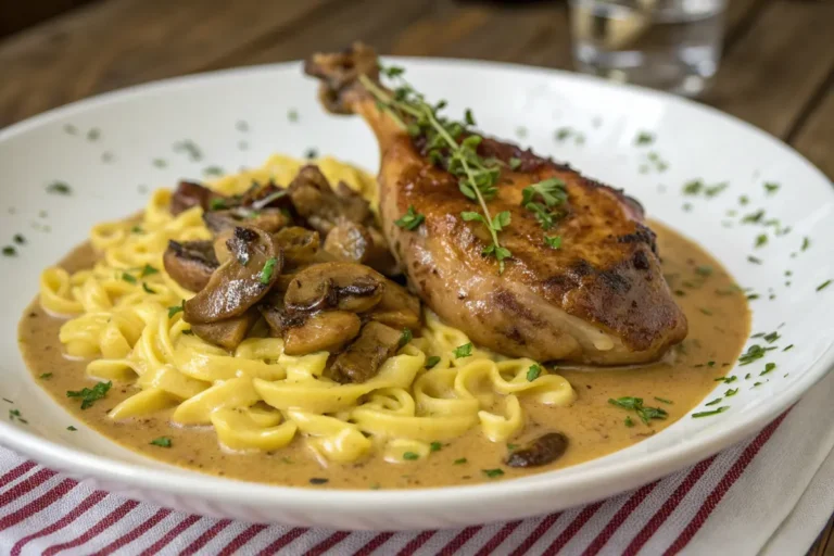 Geschmortes Kaninchen mit Senf und Pilzen dazu gebratene Spätzle in 90 Minuten