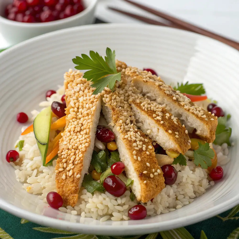 Hähnchenstreifen mit Sesam und Reis mit Cranberries