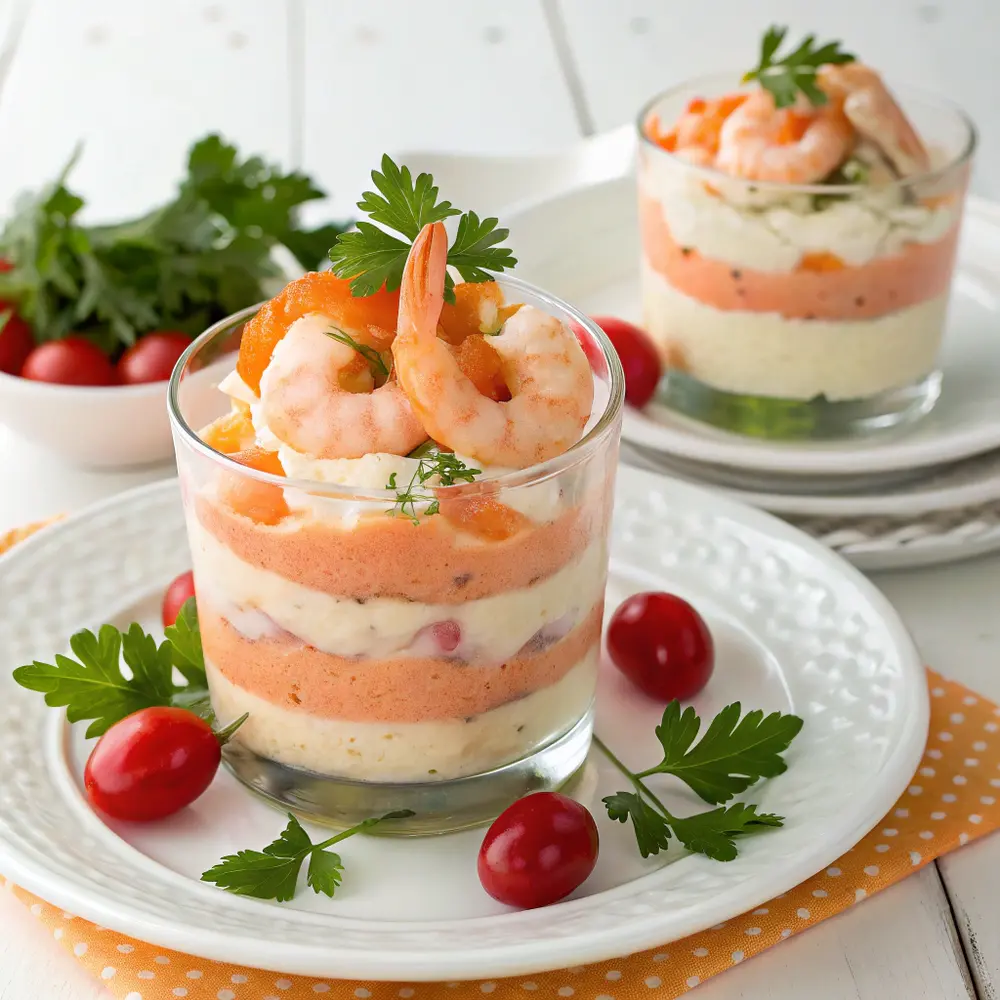 Hummus-Verrine mit Quark und Garnelen
