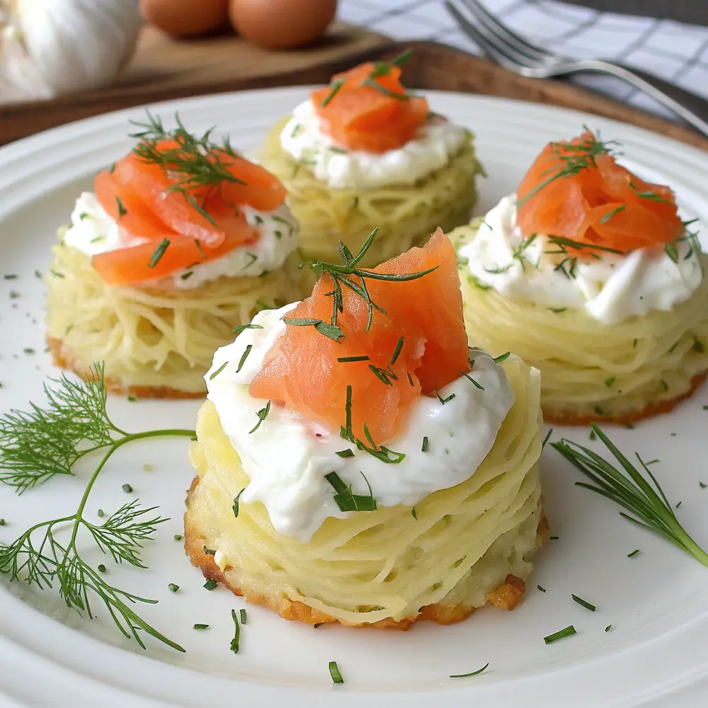Kartoffelnester mit Crème fraîche und Räucherlachs