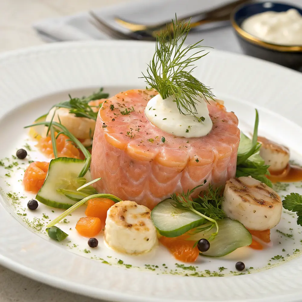 Lachsterrine mit Jakobsmuschel-Kern und Dillcreme