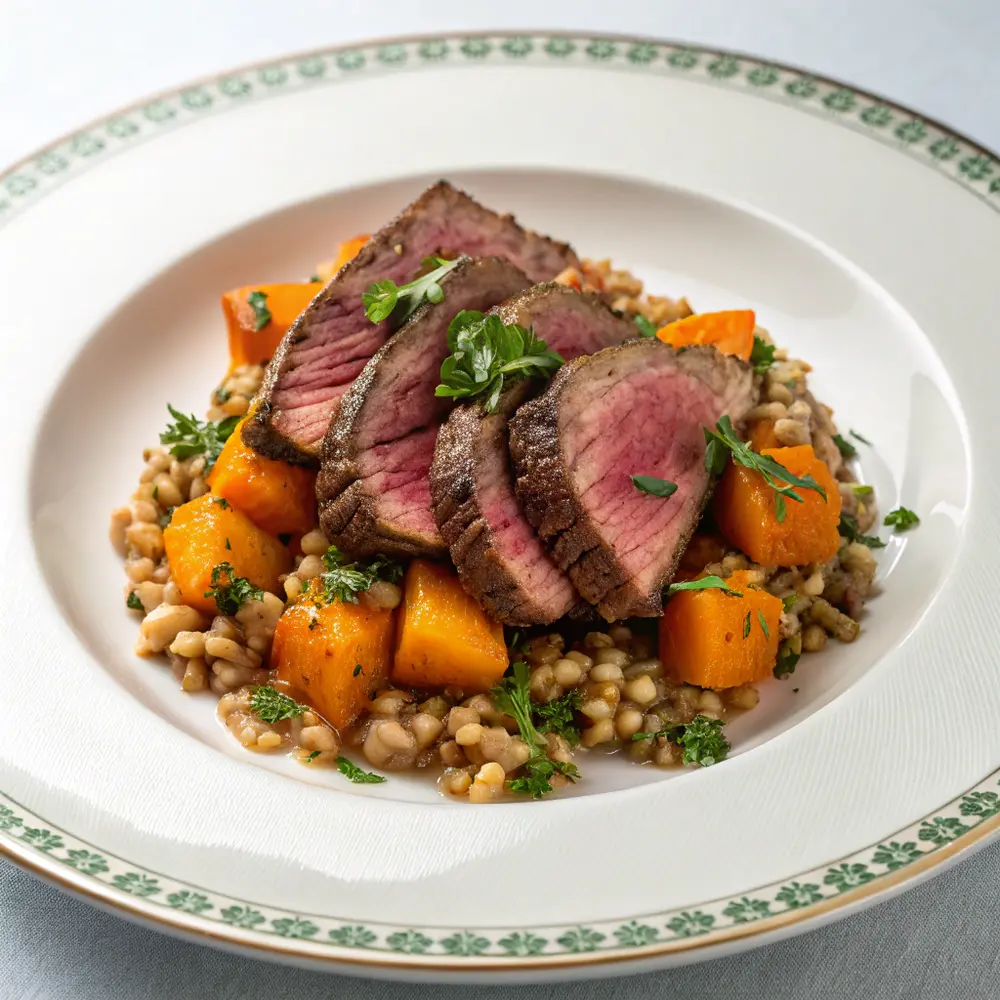 Rindfleisch mit Butternut Weizen und Kräutern