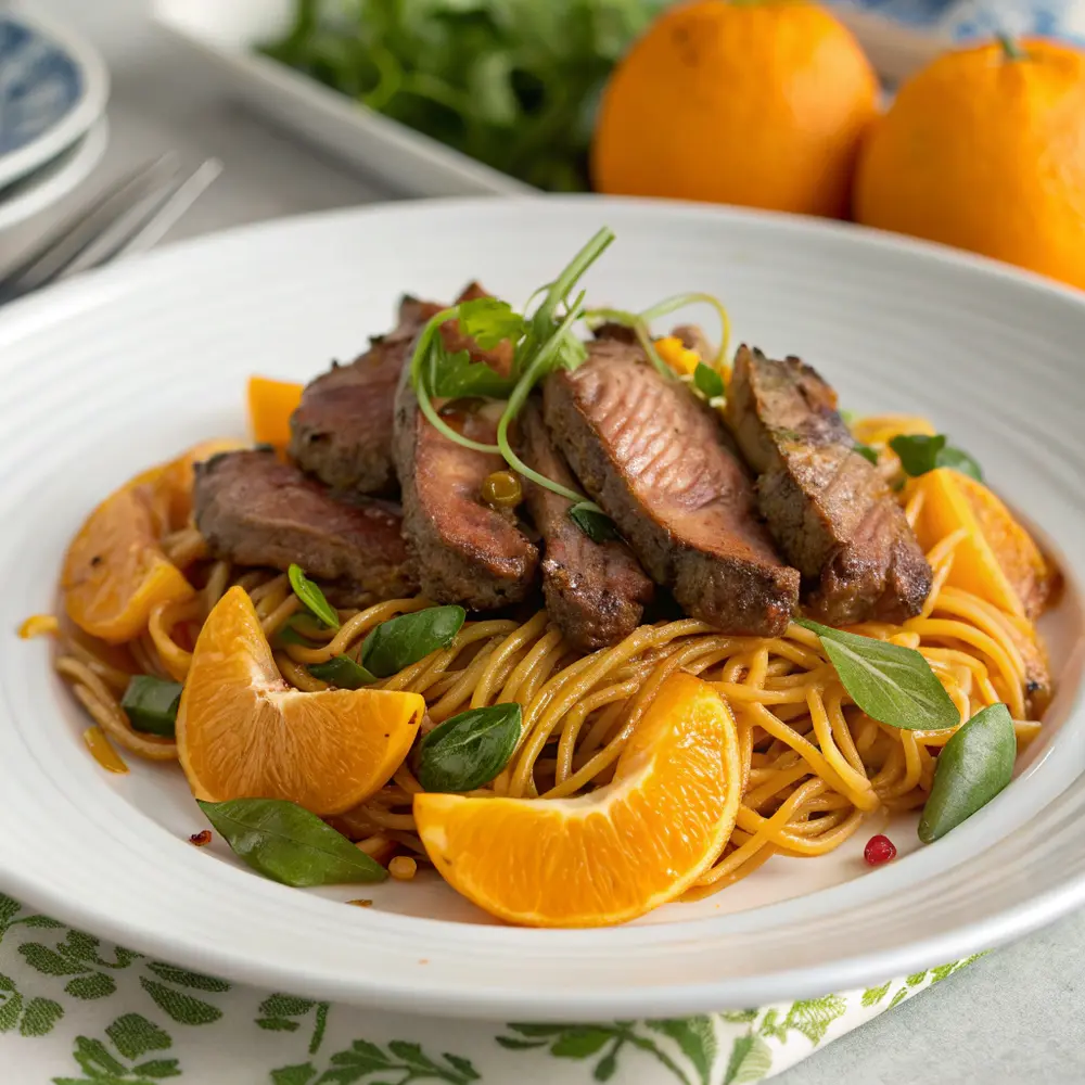 Rindfleisch mit Orange und chinesischen Nudeln