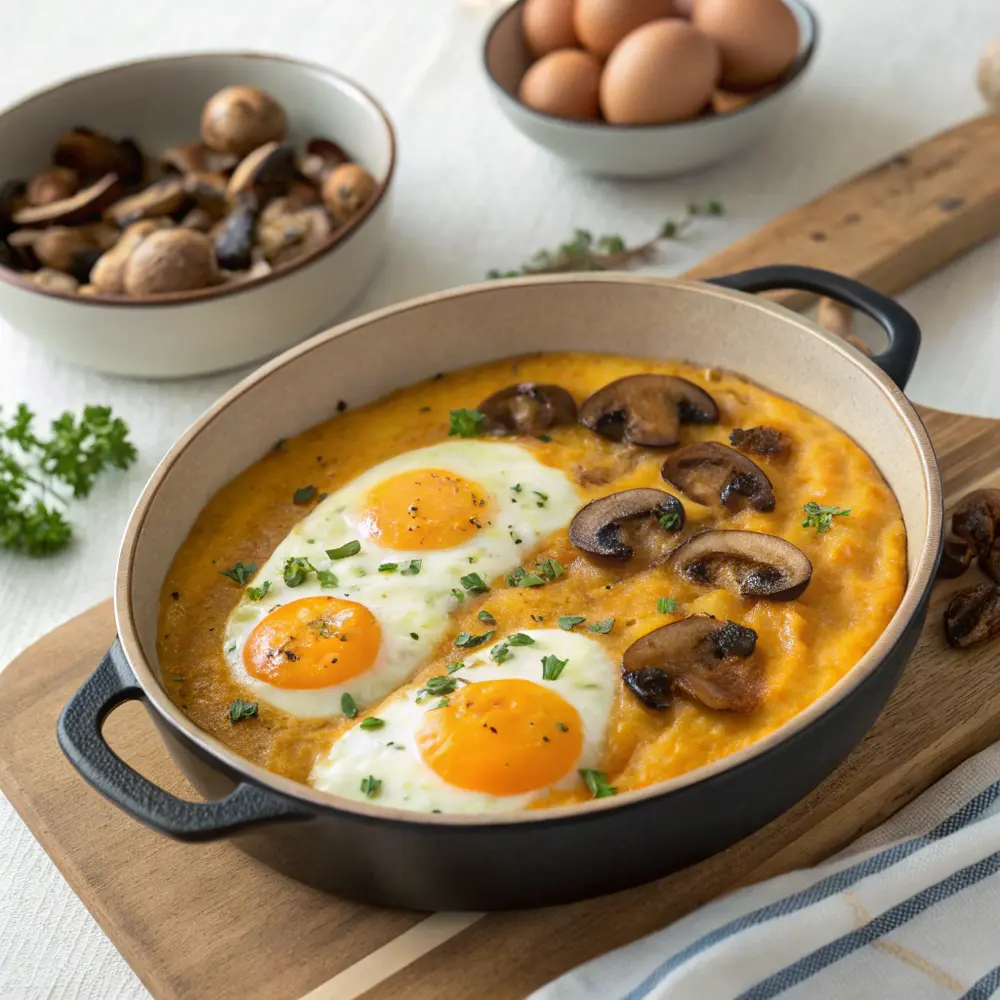 Süßkartoffelpüree und Eier im Töpfchen mit Pilzen
