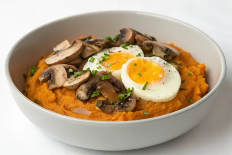 Süßkartoffelpüree und Eier im Töpfchen mit Pilzen in 50 Minuten