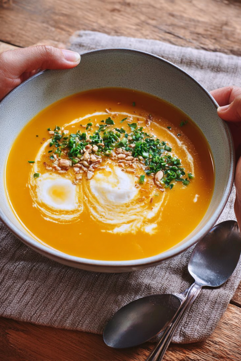 Butternut-Suppe mit Ziegenkäse und Ei