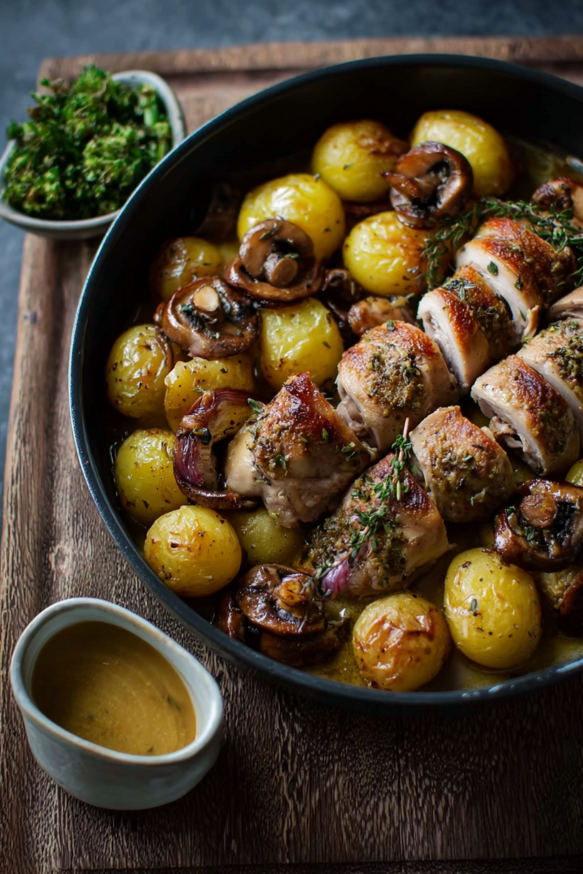 Gefülltes Hähnchen mit Pilzen und Kartoffeln