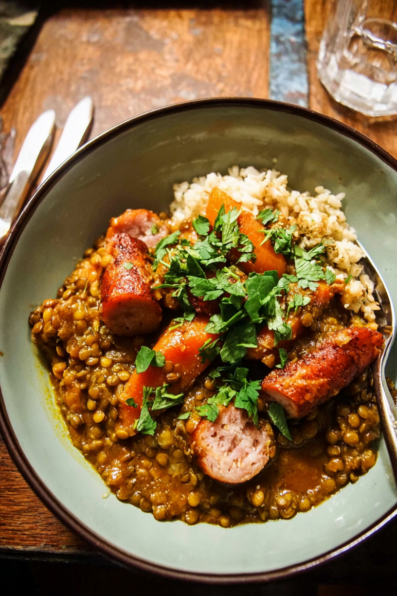 Gepökeltes Fleisch mit Linsen Curry und Ingwer