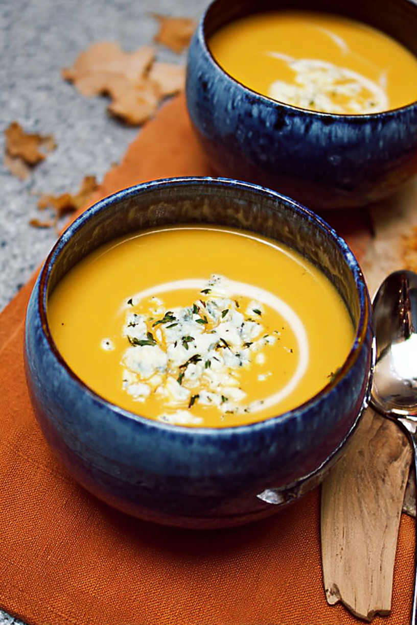 Hokkaido-Kürbis-Cremesuppe mit Kastanien und Gorgonzola