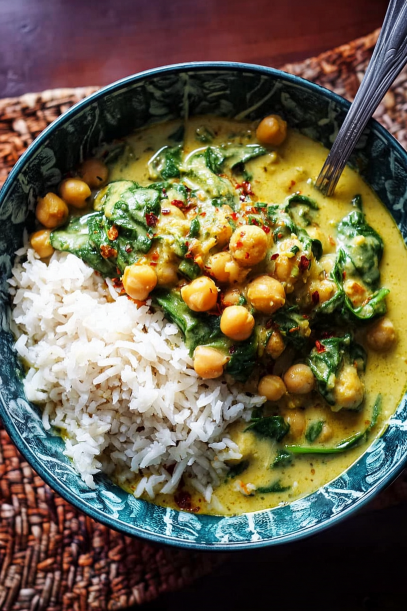 Kichererbsen Spinat Curry mit Reis