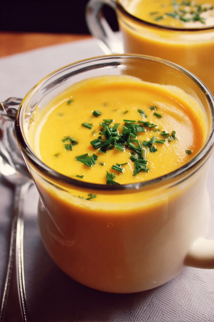 Kürbiscremesuppe mit Käse Knoblauch und Kräutern