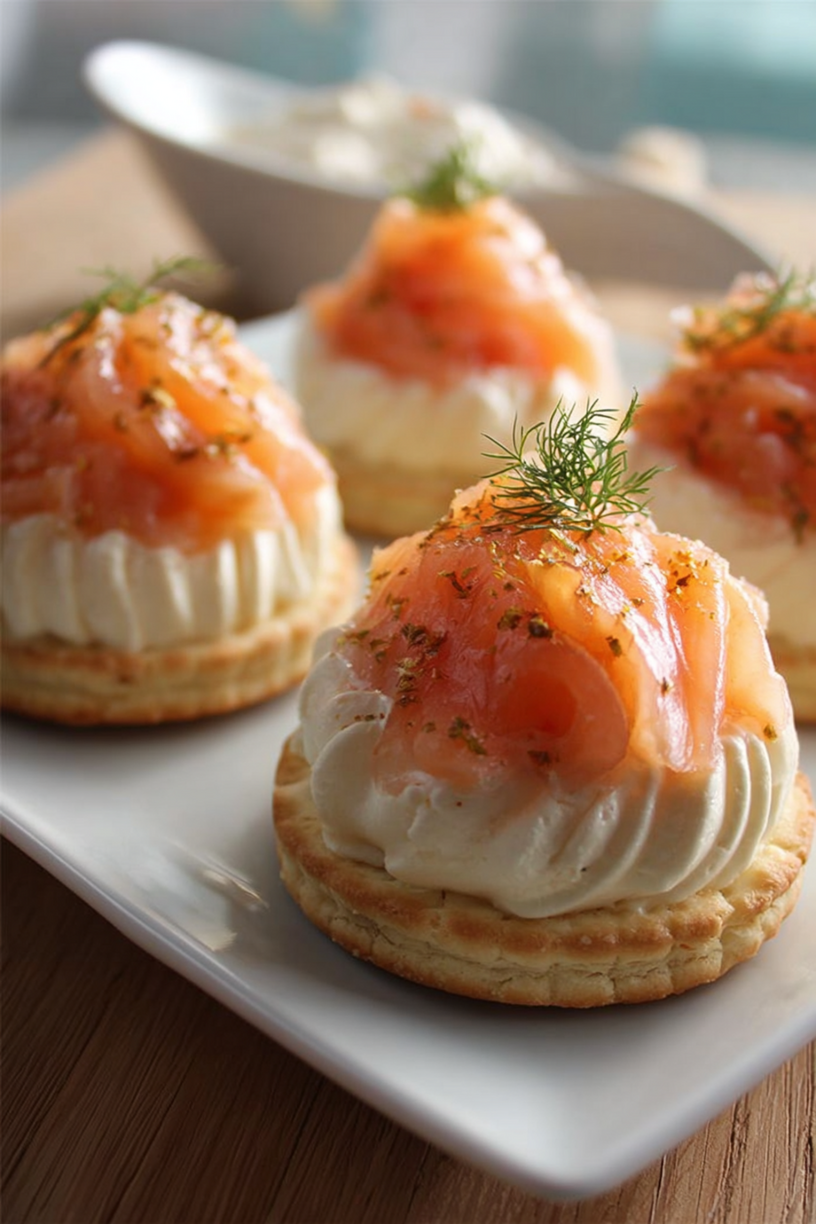 Lachs-Pannacotta-Häppchen auf Keksen