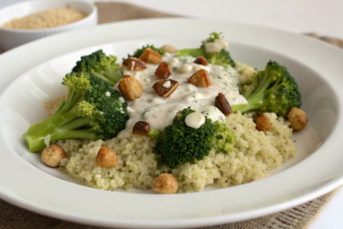 quinoa brocoli sauce chèvre noisettes