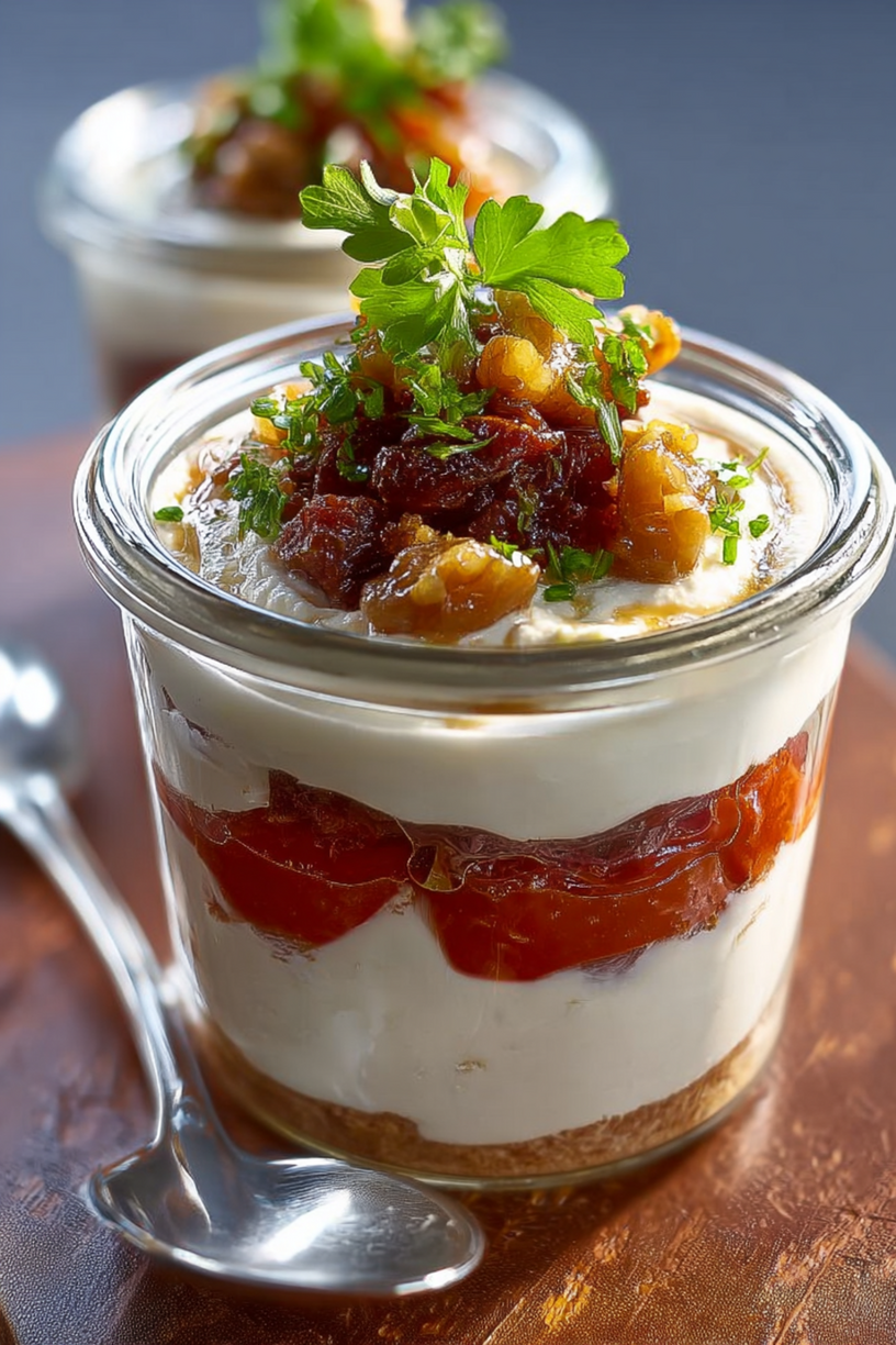 Verrine mit Ziegenkäse Trockenfrüchten und Tomaten