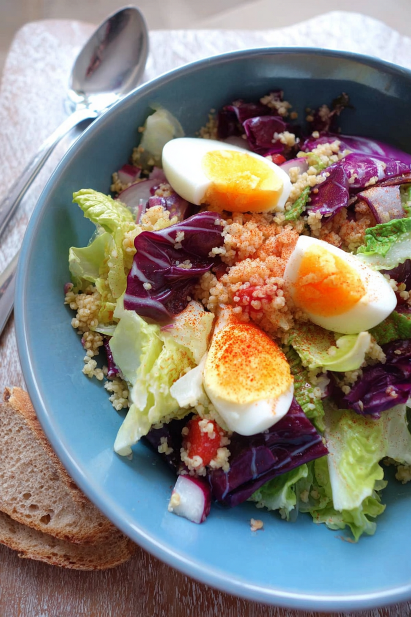 rode kool salade bulgur ei