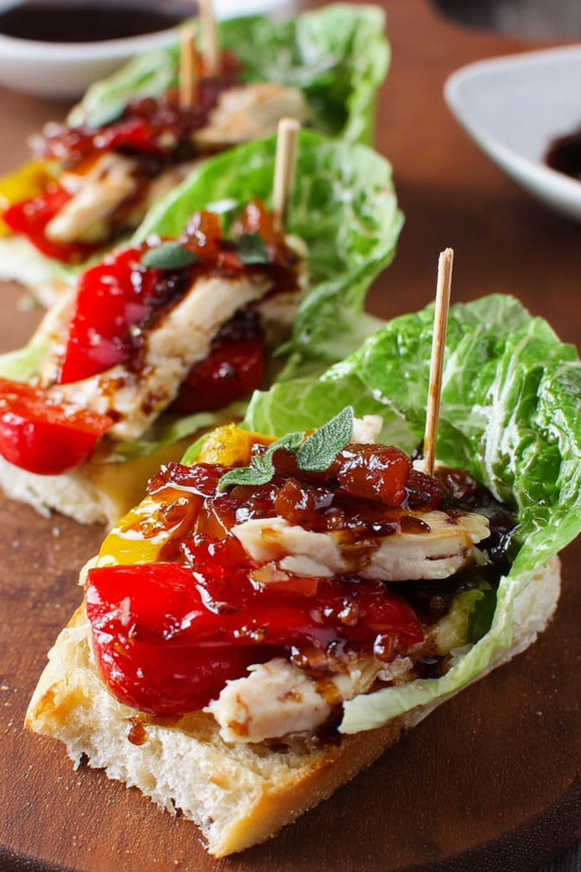 Bruschetta mit Kopfsalat Hähnchen und karamellisierten Paprika