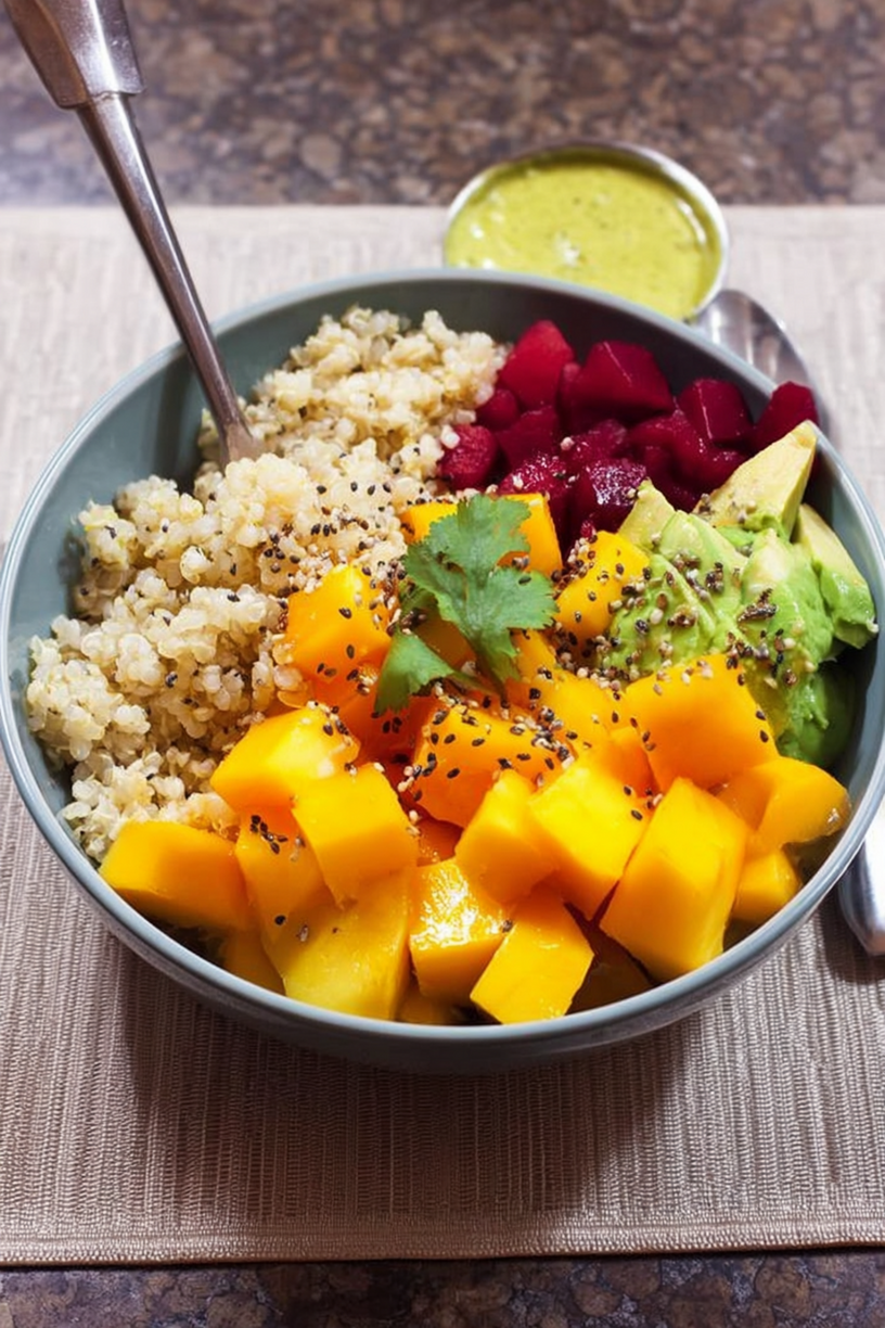 Buddha Bowl mit Bulgur Mango und Avocado