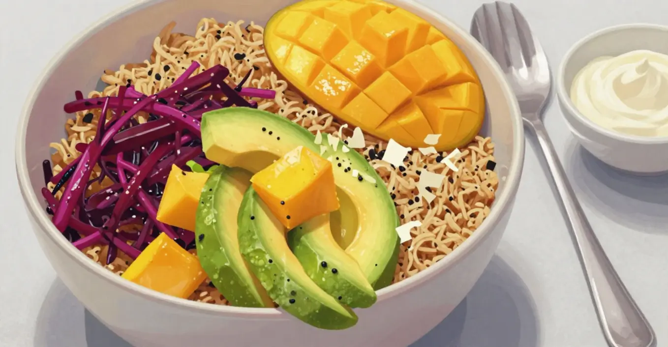 Buddha Bowl mit Bulgur Mango und Avocado