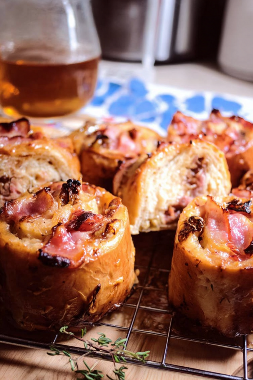 Cheddar Speck Rollen mit karamellisierten Zwiebeln