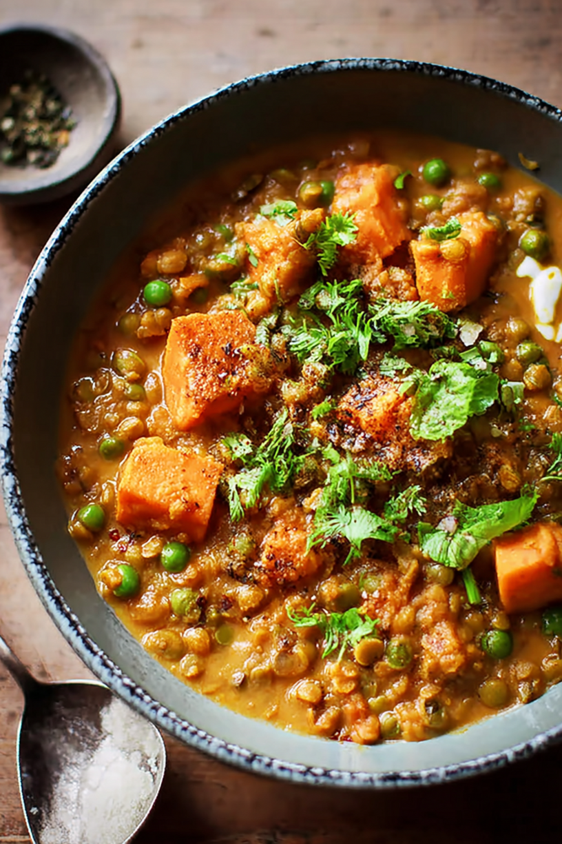 Dahl mit Schalerbsen und Süßkartoffel