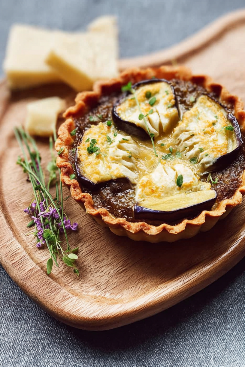 Feine Tartelette mit Auberginenkaviar und Camembert