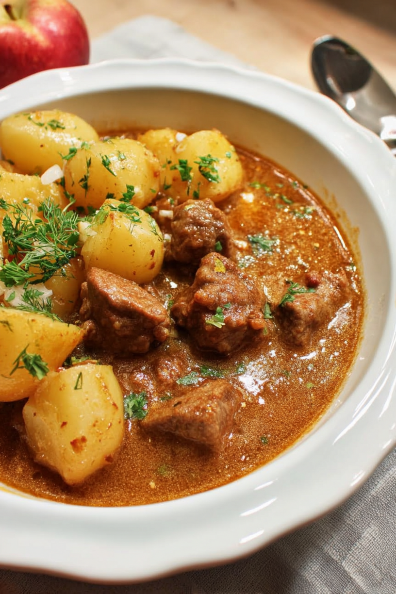 Kalbsgulasch mit Kartoffeln und Äpfeln