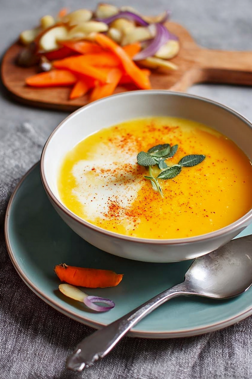 Kürbis Kurkuma Cremesuppe mit gedämpftem Gemüse