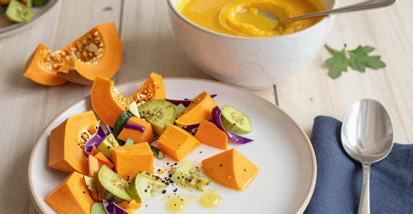 Kürbis Kurkuma Cremesuppe mit gedämpftem Gemüse