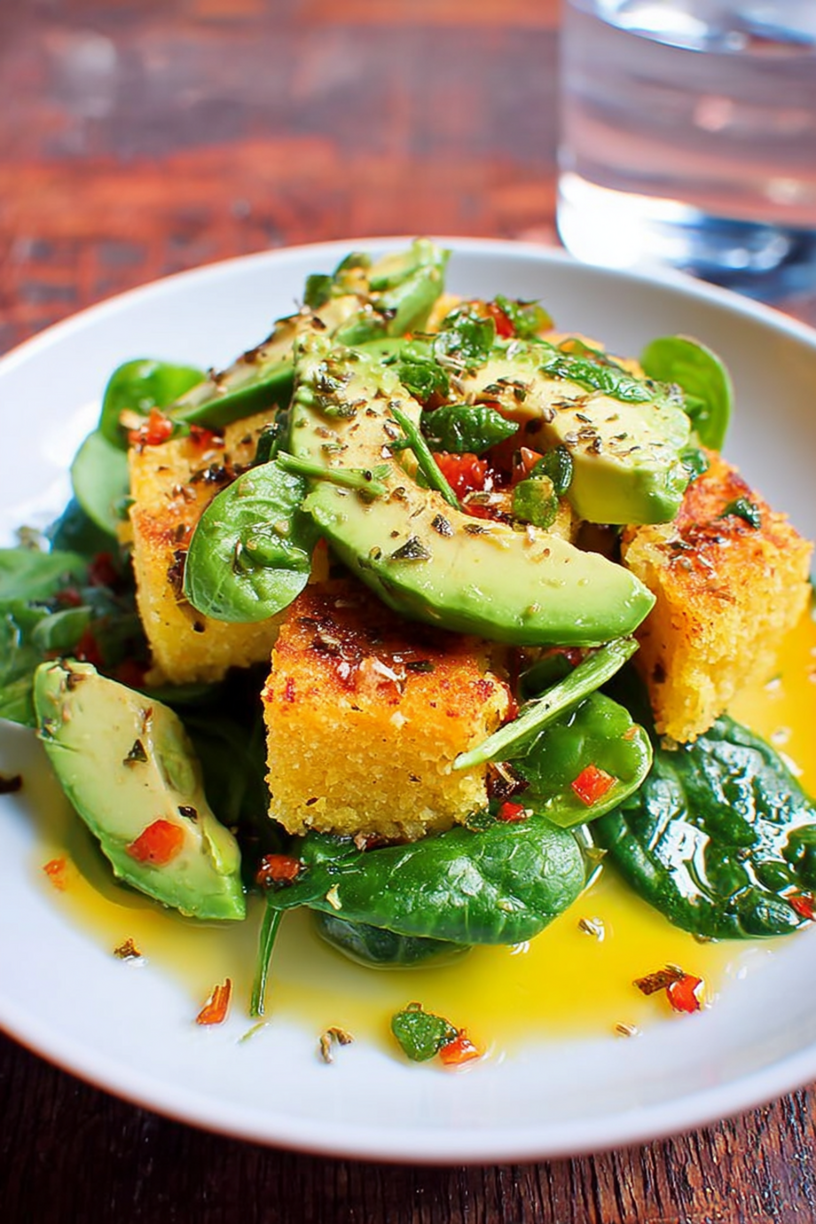 Polenta Salat mit Avocado und Babyspinat