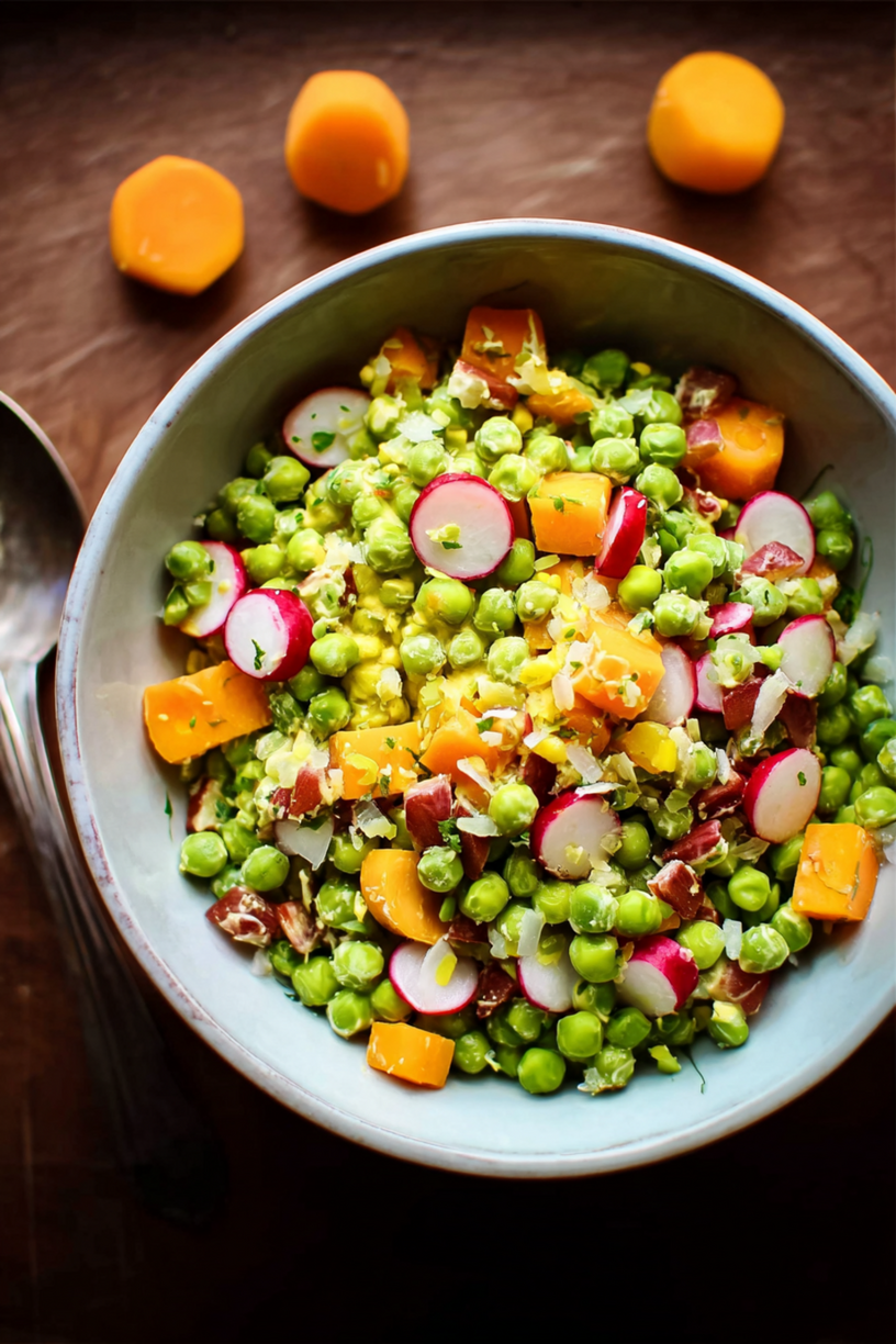 Schalerbsen Salat mit Mimolette und Radieschen