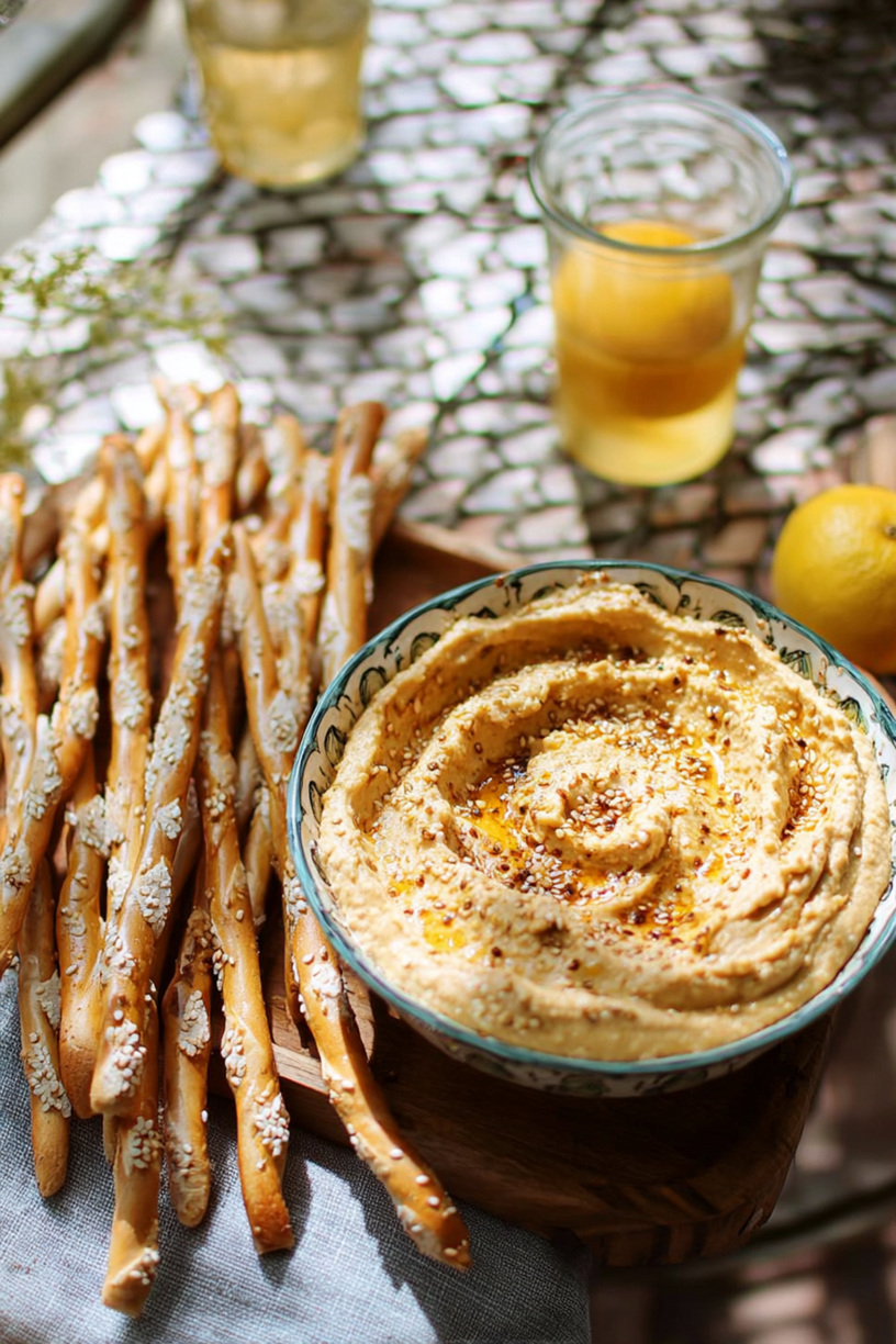 Sesam Zitronen Grissini mit Linsenhummus