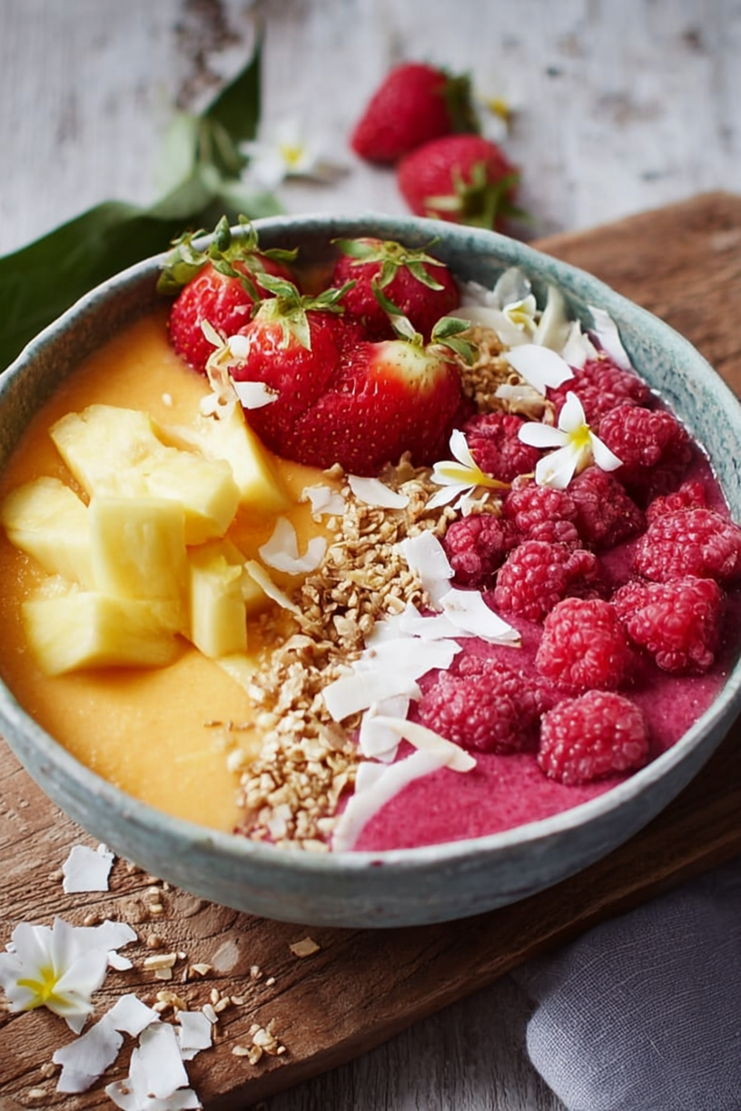 Tropische Smoothie Bowl mit Himbeeren und Samen