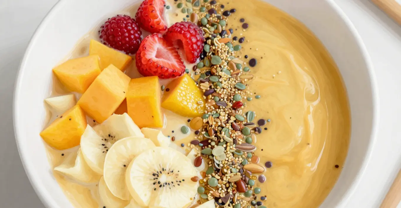 Tropische Smoothie Bowl mit Himbeeren und Samen